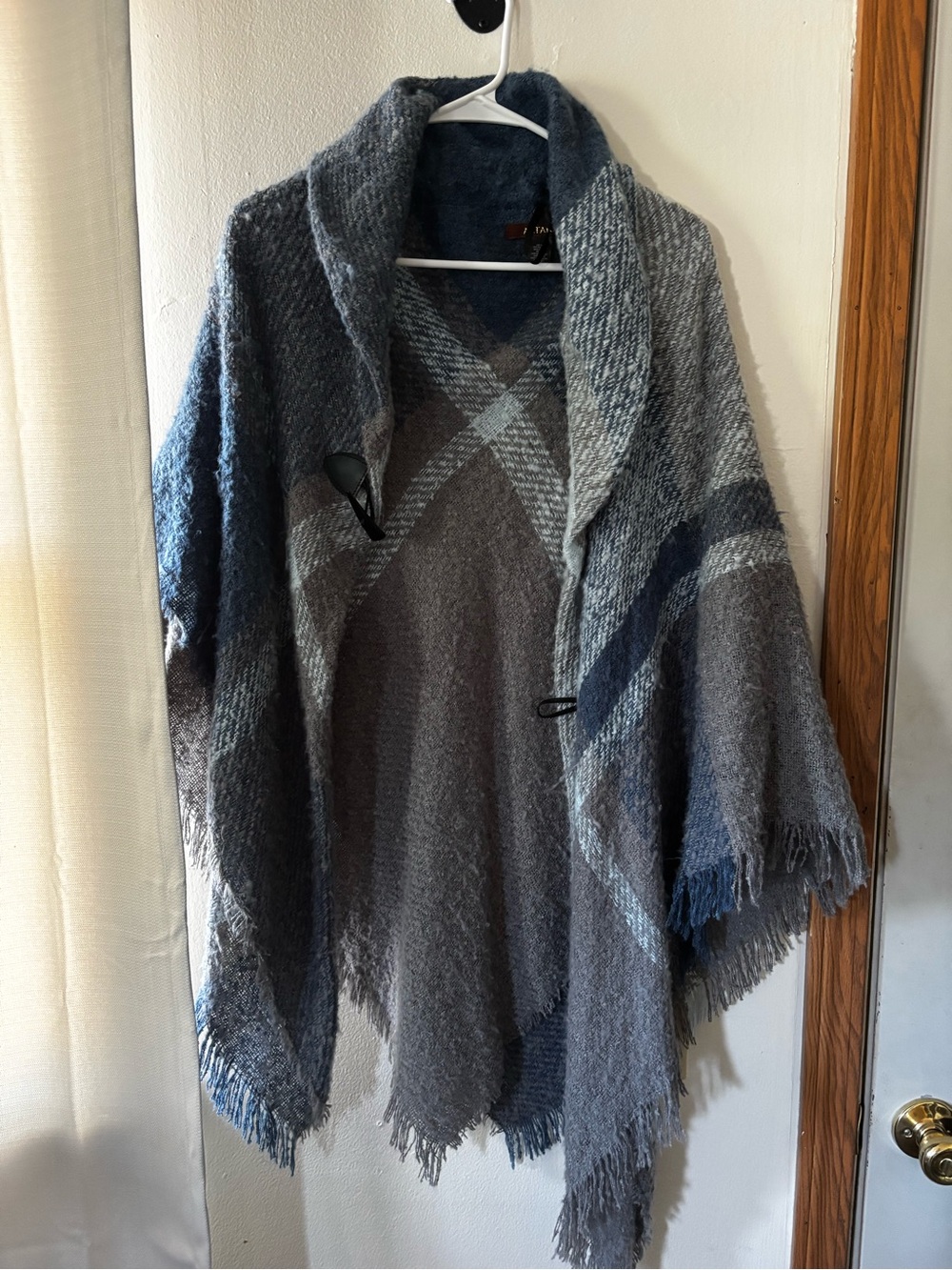 Shawl-Collar Plaid Wrap Cardigan in Gray and Blue